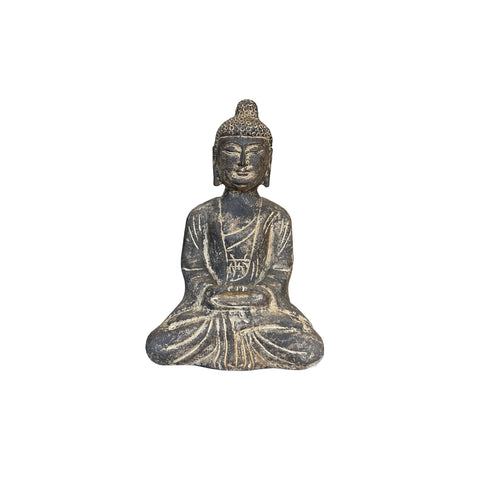 13.5" Black Brown Distressed Marks Small Stone Sitting Buddha Statue ws5080S