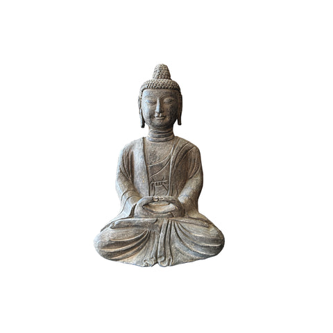 18.5" Gray Brown Distressed Marks Stone Sitting Buddha Statue ws5081S