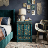 Distressed Teal Green Golden Floral Graphic Side End Table Nightstand ws4990S