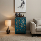 Distressed Teal Green Golden Floral Graphic Side End Table Nightstand ws4990S