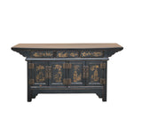 Chinese Black Brown Golden Graphic Low Sideboard Console Table Cabinet GB029S