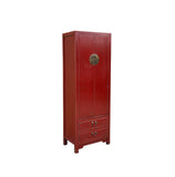 Oriental Slim Red Lacquer Moon Face Narrow Tall Storage Cabinet GB038S