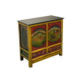 Multi-color Tibetan Horses Deer Motif Credenza Table Cabinet GB047S