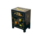 Chinese Black Vinyl Moon Face Flower Birds End Table Nightstand GB062S