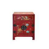 Chinese Red Vinyl Moon Face Flower Birds End Table Nightstand GB063S
