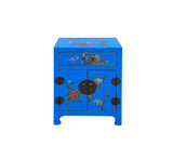 Chinese Bright Blue Vinyl Moon Face Flower Birds End Table Nightstand GB064S