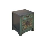 Oriental Distressed Teal Green Flowers Graphic End Table Nightstand GB067S