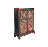 Vintage Oriental Black Red Gold Scenery Carving Storage Cabinet GB101S