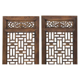 Pair Oriental Bats Floral Geometric Lattice Pattern Tall Wood Door Panel Screen GB111S