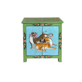 Tibetan Style Lime Green Blue Two Tigers End Table Nightstand GB156S