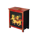 Tibetan Oriental Black Red Foo Dogs Lions End Table Nightstand GB164S