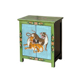 Tibetan Style Lime Green Blue Two Tigers End Table Nightstand GB174S