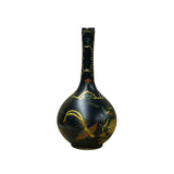 Chinese Black Lacquer Color Graphic Decorative Wood Vase Art GB188S