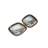 Pair Oriental Rhombus Shape Porcelain Plates Golden Scenery Graphic GB191S