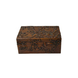 Oriental Relief Mythical Figure Motif Brown Natural Wood Small Accent Box GB281S