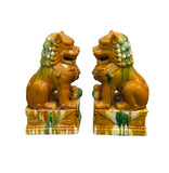 Pair Chinese Tri-Color Mustard Yellow Glaze Fengshui Lions Foo Dogs GB402S cs2368