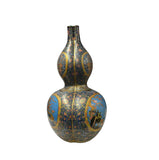Oriental Purple Blue Gourd Shape Floral Graphic Porcelain Art Vase GB592S /cs2784