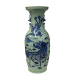 Pair Chinese Light Celadon Blue Kirin Graphic Tall Porcelain Art Vases GB597S