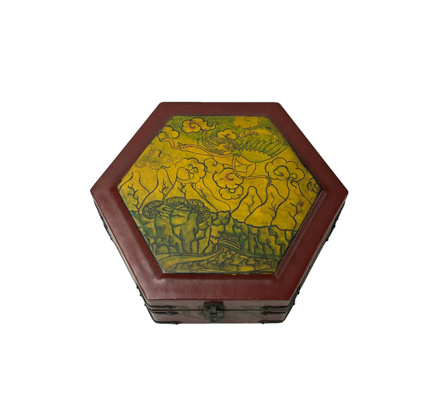 Oriental Hexagonal Red Color Mythical Figure Drawing Accent Box GB605S ...