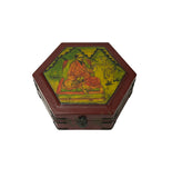 Oriental Hexagonal Red Color Lohans Monks Drawing Accent Box GB606S