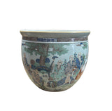 Vintage Oriental 18 Arhats Graphic Porcelain Round Pot Planter GB615S