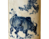 Chinese Distressed White Porcelain Blue Kids Cow Graphic Holder Vase GB687S