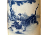Chinese Distressed White Porcelain Blue Men Tiger Graphic Holder Vase GB689S