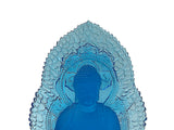 Blue Crystal Glass Sitting Buddha Lotus Base Mandorla Halo Back Statue GB746S