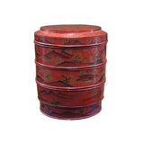 Vintage Chinese Red Golden Scenery Graphic Round Wood Stack Basket Table GB748S