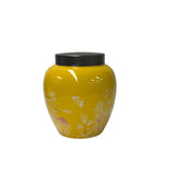 Bright Yellow White Floral Peonies Butterflies Bulbous Porcelain Metal Lid Jar GB816S
