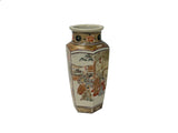 6" Asian Satsuma Style Hexagonal Figures Painted Porcelain Art Vase GB825S