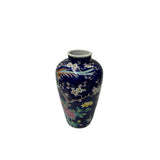 Vintage Dark Cobalt Blue Flower Bird Enamel Porcelain Art Vase GB856S