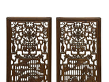 Pair Vintage Oriental Brown Figural Motif Rectangular Wood Panels GB861S