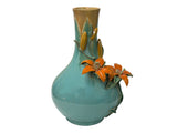 Turquoise Teal Bulbous Round Body Orange Dimensional Lily Flower Art Vase GB863S