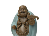 Joyful Laughing Buddha Light Celadon Robe Ceramic Coin Bat Ru Yi Figure GB873S