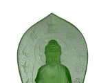 A translucent green glass Buddha statue with an ornate, carved halo, shown against a solid white background.