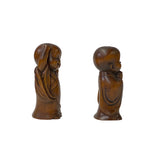 Chinese Pair Wood Carved Mini Kid Arhat Monk Lohon Figures ws3183S