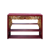 Chinese Red Golden Carving Rectangular Curio Display Stand Side Table cs7654S