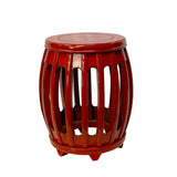Chinese Oriental Distressed Orange Red Round Barrel Wood Stool Table ws3035S