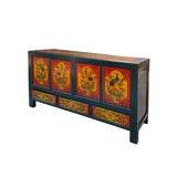 Chinese Vintage Black Orange Flower Birds Graphic TV Console Cabinet cs7631S