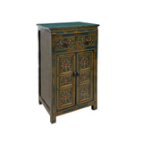 Distressed Teal Blue Green Tibetan Floral End Table Nightstand Cabinet cs7621S