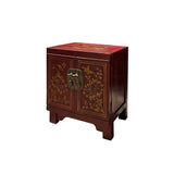 Chinese Distressed Brick Red Flower Birds Graphic End Table Nightstand cs7608S