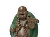 Joyful Laughing Buddha Gloss Dark Jade Green Robe Ceramic Coin Bat Ru Yi Figure GB874S