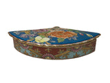 Vintage Blue Big Flowers Graphic Fan Shape Porcelain Trinket Box GB880S