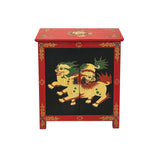 Tibetan Oriental Black Red Foo Dogs Lions End Table Nightstand ws4631S