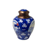 Oriental Blue White Flower Birds Porcelain Metal Lid Container Urn ws3182S