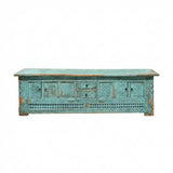 Vintage Distressed Turquoise Geometric Carving Rough Low TV Table Cabinet cs6123S T