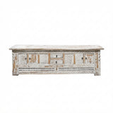 Vintage Distressed White Geometric Carving Rough Low TV Table Cabinet cs6123S W