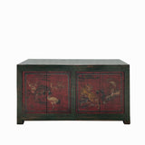 Vintage Chinese Tiger Crane Red Doors Green Top TV Media Console Table cs7684S