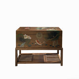 Chinese Lotus Flower Koi Fish Rectangular Wood Trunk on Stand cs7687S